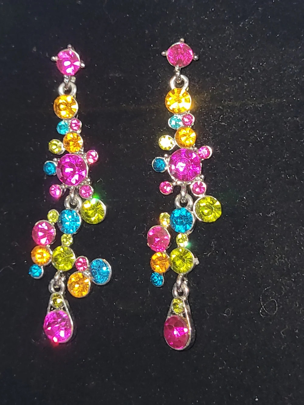 Colorful Rhinestone Chandelier Dangle Earrings Silver Tone Pierced Statement